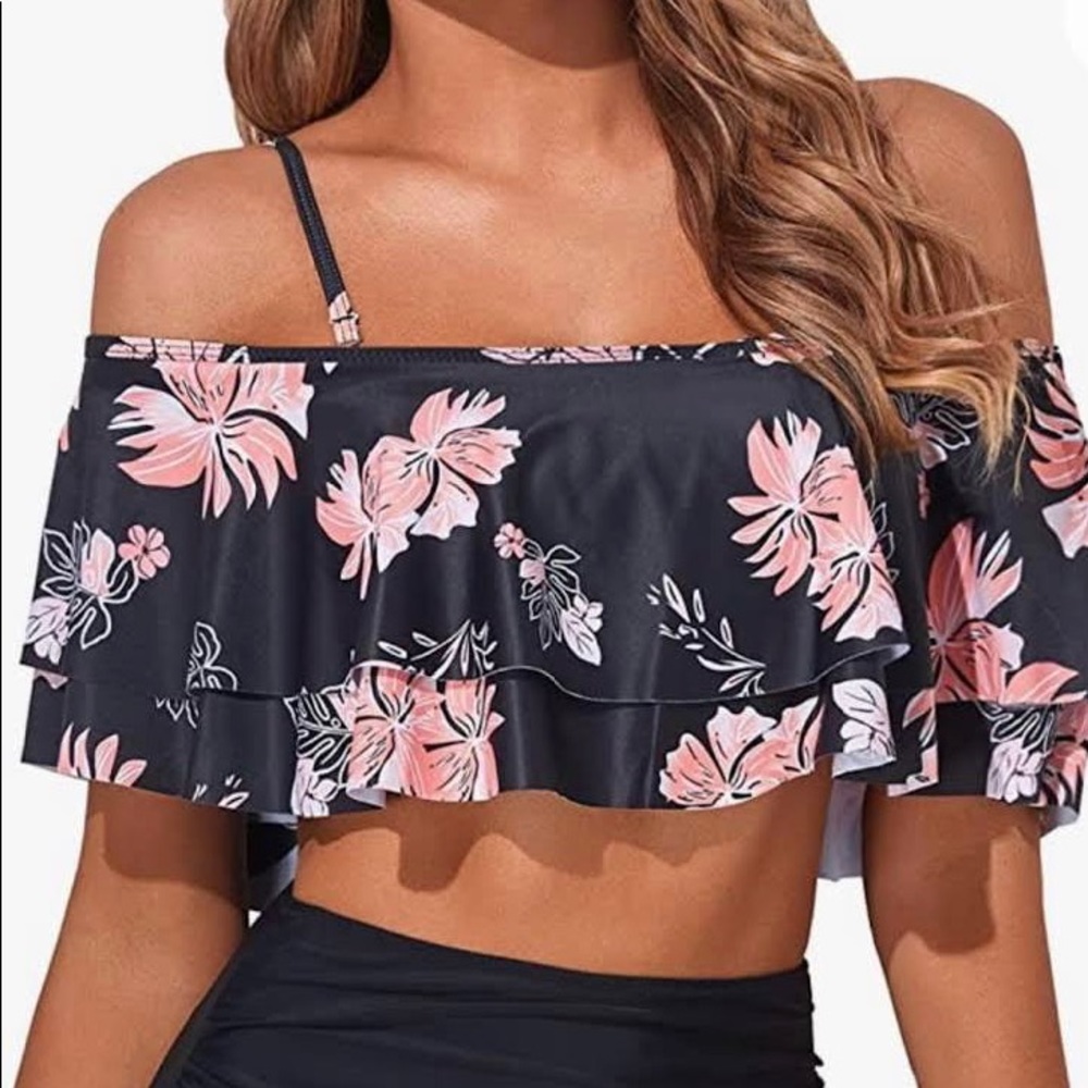 🍍TEMPT ME OFF SHOULDER FLOUNCE FLORAL TOP SWIMWEAR